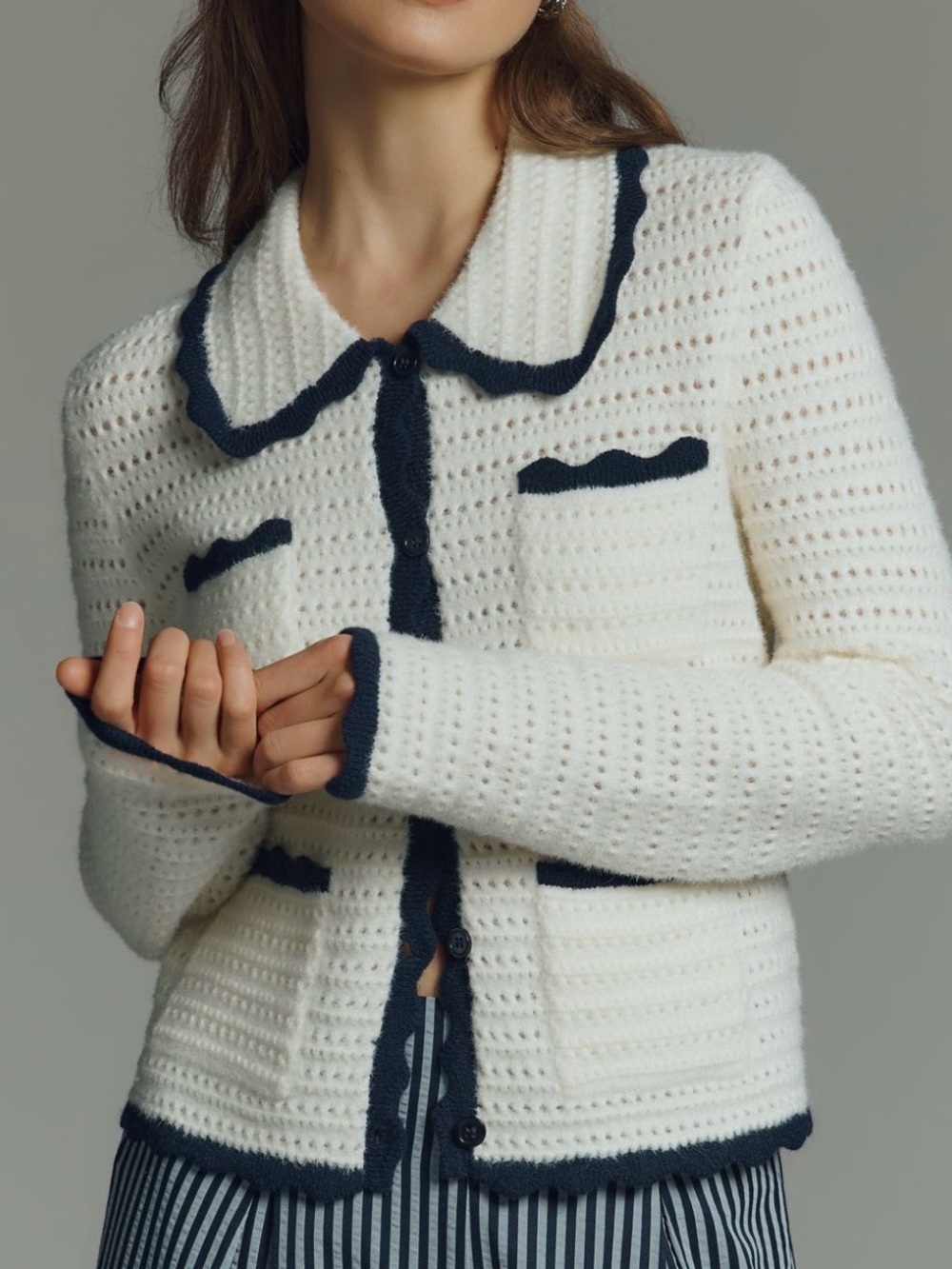 Anthropologie NVLT Cream Knit Cardigan with Navy Trim